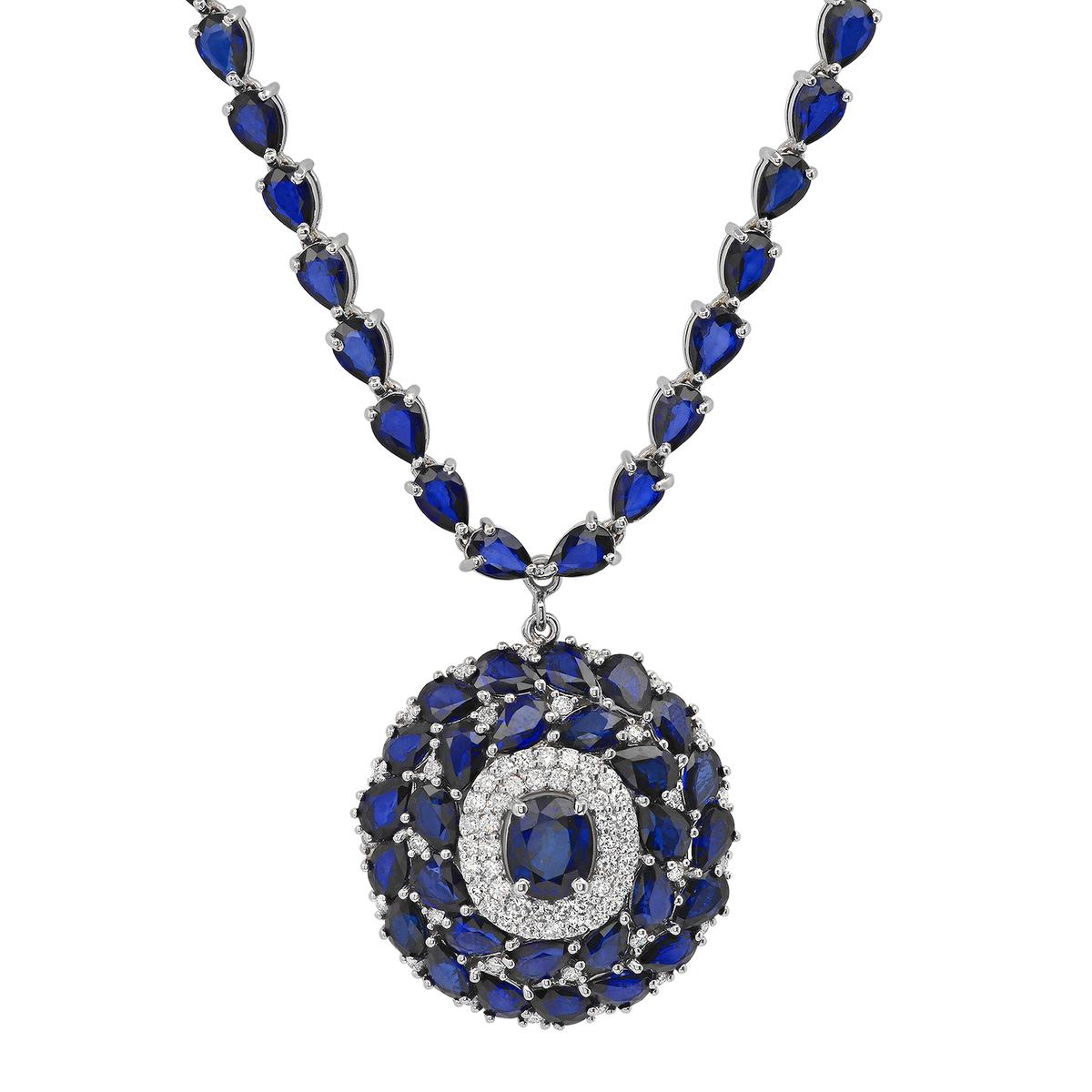 14K White Gold 44.06ct Sapphire and 1.65ct Diamond Necklace