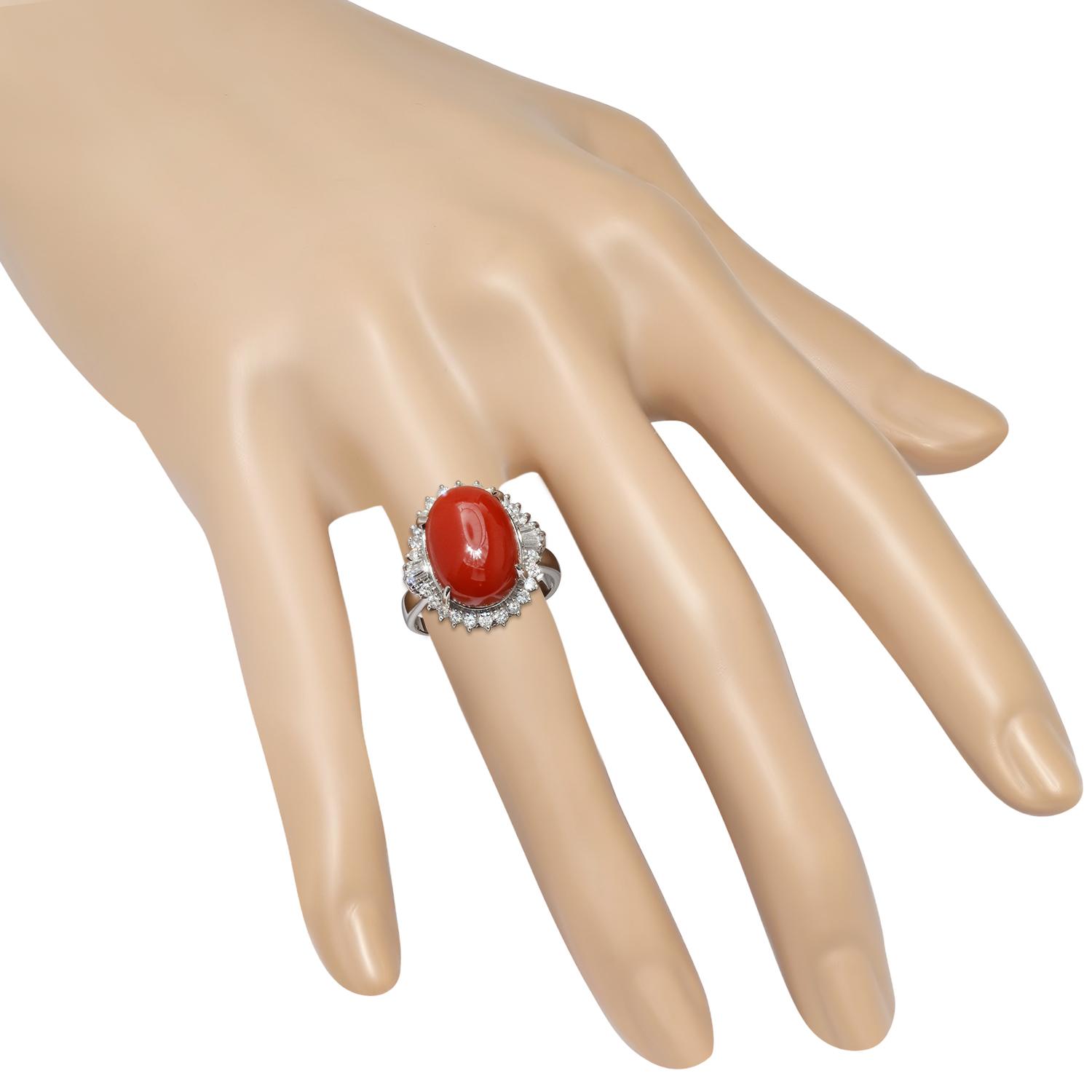 Platinum Setting with 7.60ct Coral and 0.59ct Diamond Ladies Ring