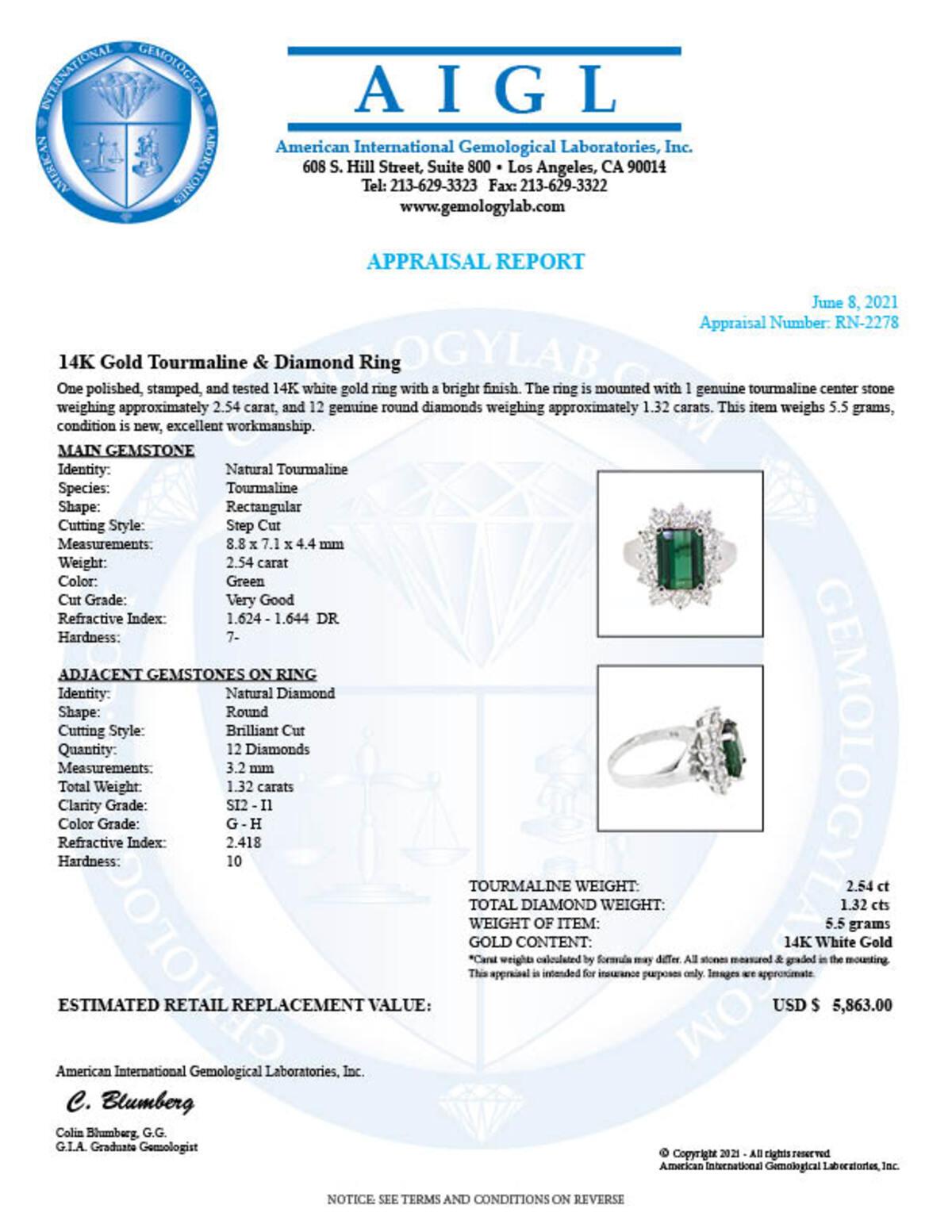 14K White Gold with 2.54ct Green Tourmaline and 1.32ct Diamond Ring