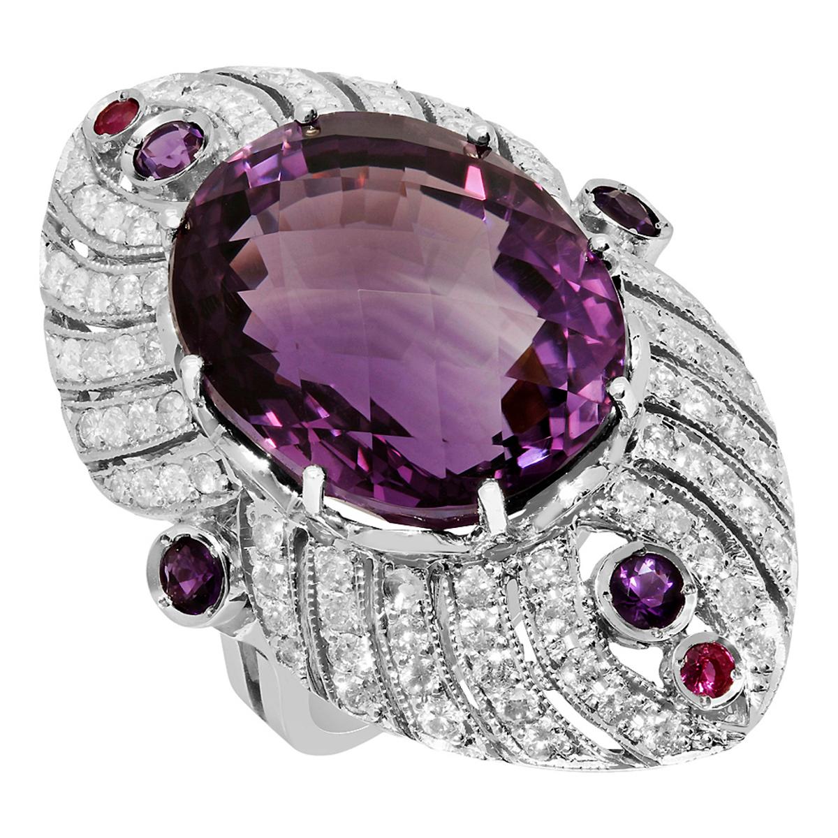 14k White Gold 26.23ct & 0.40ct Amethyst 0.15ct Ruby 1.72ct Diamond Ring