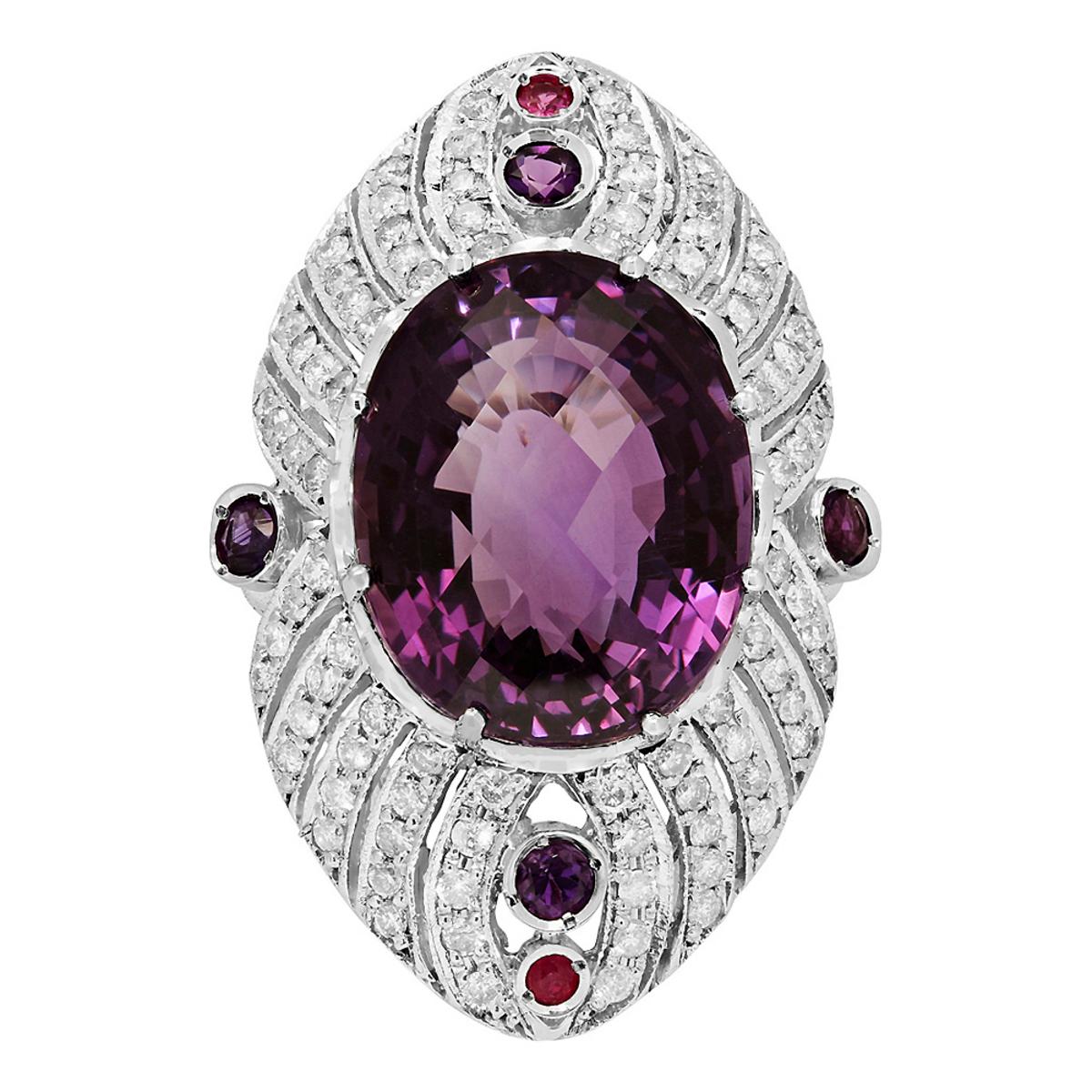 14k White Gold 26.23ct & 0.40ct Amethyst 0.15ct Ruby 1.72ct Diamond Ring