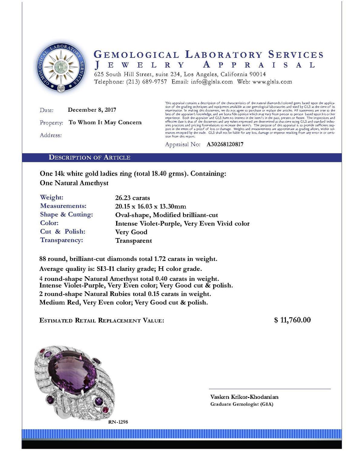 14k White Gold 26.23ct & 0.40ct Amethyst 0.15ct Ruby 1.72ct Diamond Ring