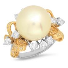 14K White and Yellow Gold 15mm South Sea Pearl and 2.4ct Diamond Ring