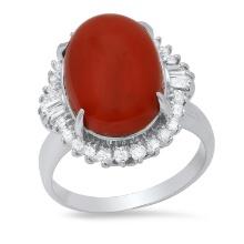 Platinum Setting with 7.60ct Coral and 0.59ct Diamond Ladies Ring