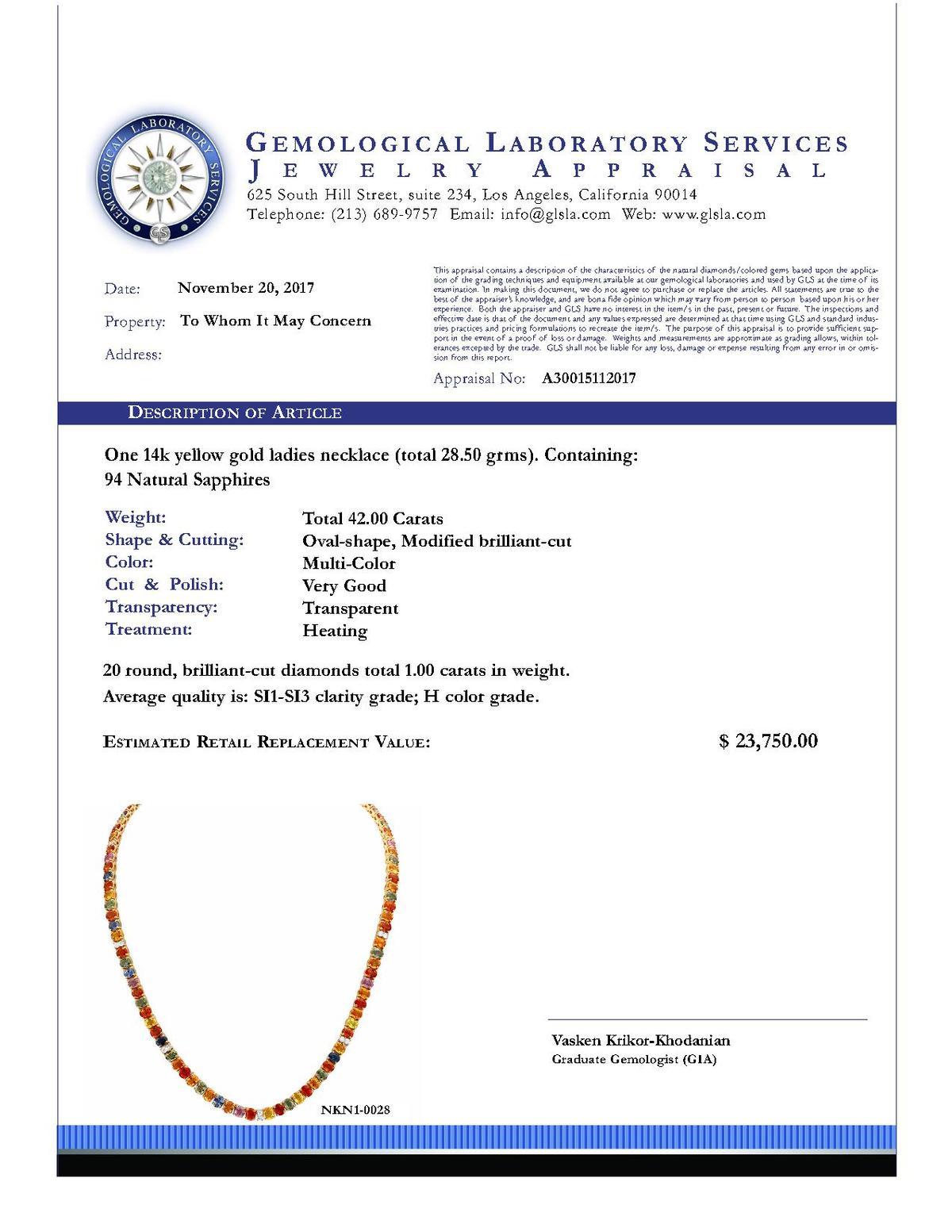 14k Yellow Gold 42.00ct Sapphire 1.00ct Diamond Necklace