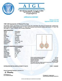 14K Rose Gold 7.37ct Aquamarine and 2.57ct Diamond Earrings