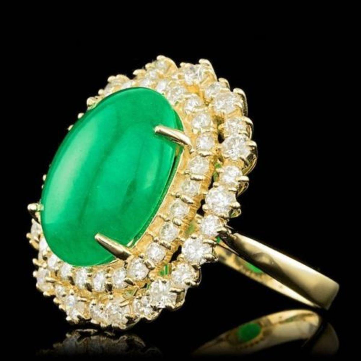 14K Yellow Gold 6.71ct Natural Jadeite and 2.01ct Diamond Ring