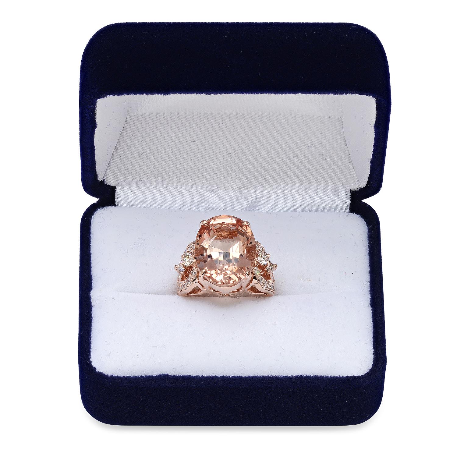 14K Rose Gold with 12.48ct Morganite and 0.90ct Diamond Ladies Ring