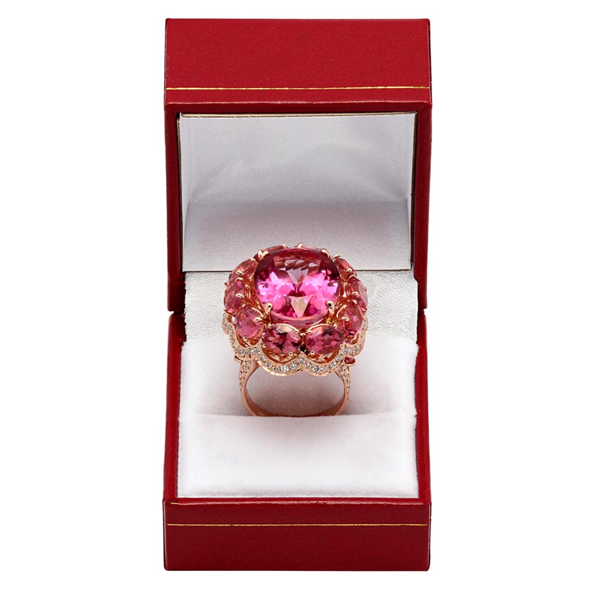 14k Rose Gold 23.44ct Pink Topaz 14.21ct Pink Tourmaline 2.23ct Diamond Ring