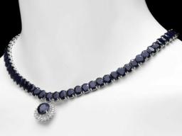 14K White Gold 104.87ct Sapphire and 1.60ct Diamond Necklace