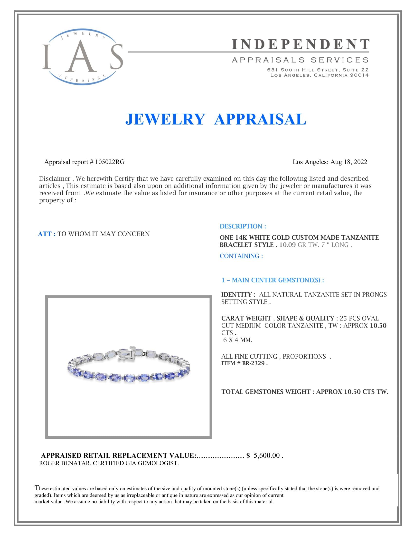 14K White Gold Setting with 10.5ct Tanzanite Bracelet