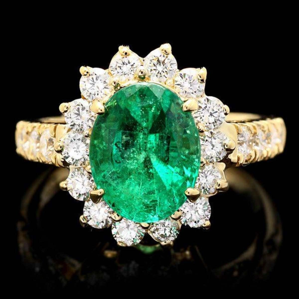 14K Yellow Gold 2.52ct Emerald and 1.06ct Diamond Ring