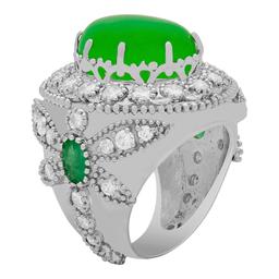 14k White Gold 9.31ct Jade 0.60ct Emerald 1.94ct Diamond Ring