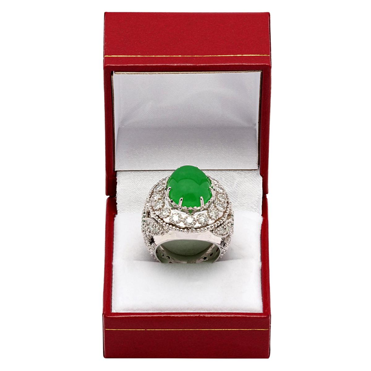 14k White Gold 9.31ct Jade 0.60ct Emerald 1.94ct Diamond Ring