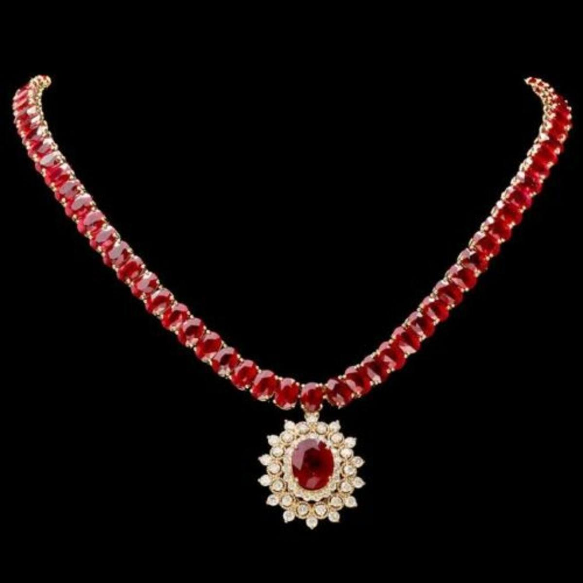 14K Yellow Gold 94.35ct Ruby and 1.60ct Diamond Necklace