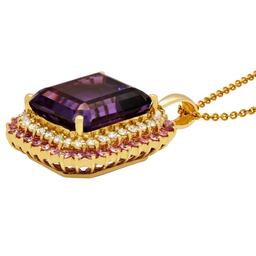 14k Yellow Gold 26.61ct Amethyst 1.95ct Pink Sapphire 1.47ct Diamond Pendant