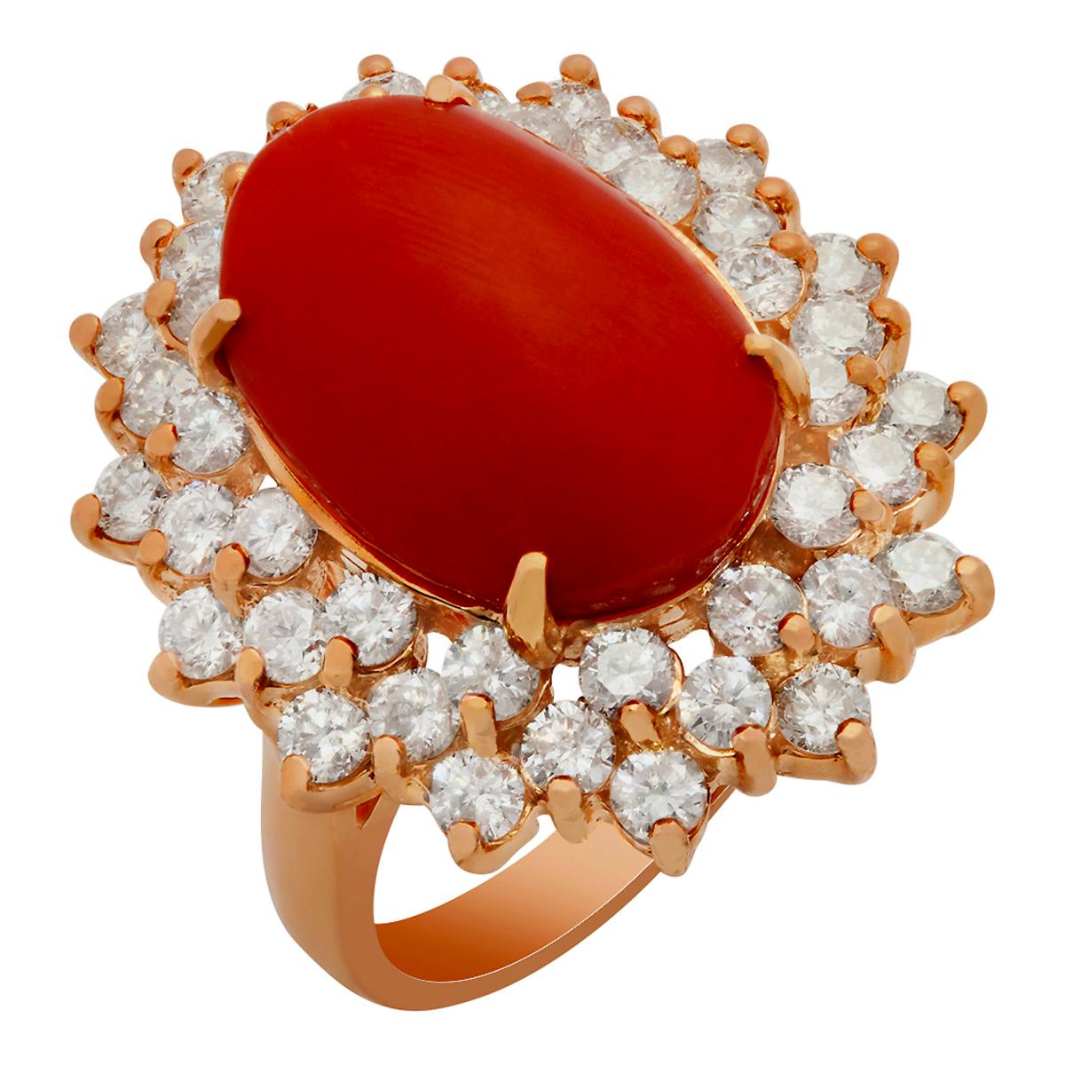 14k Rose Gold 6.43ct Coral 2.43ct Diamond Ring