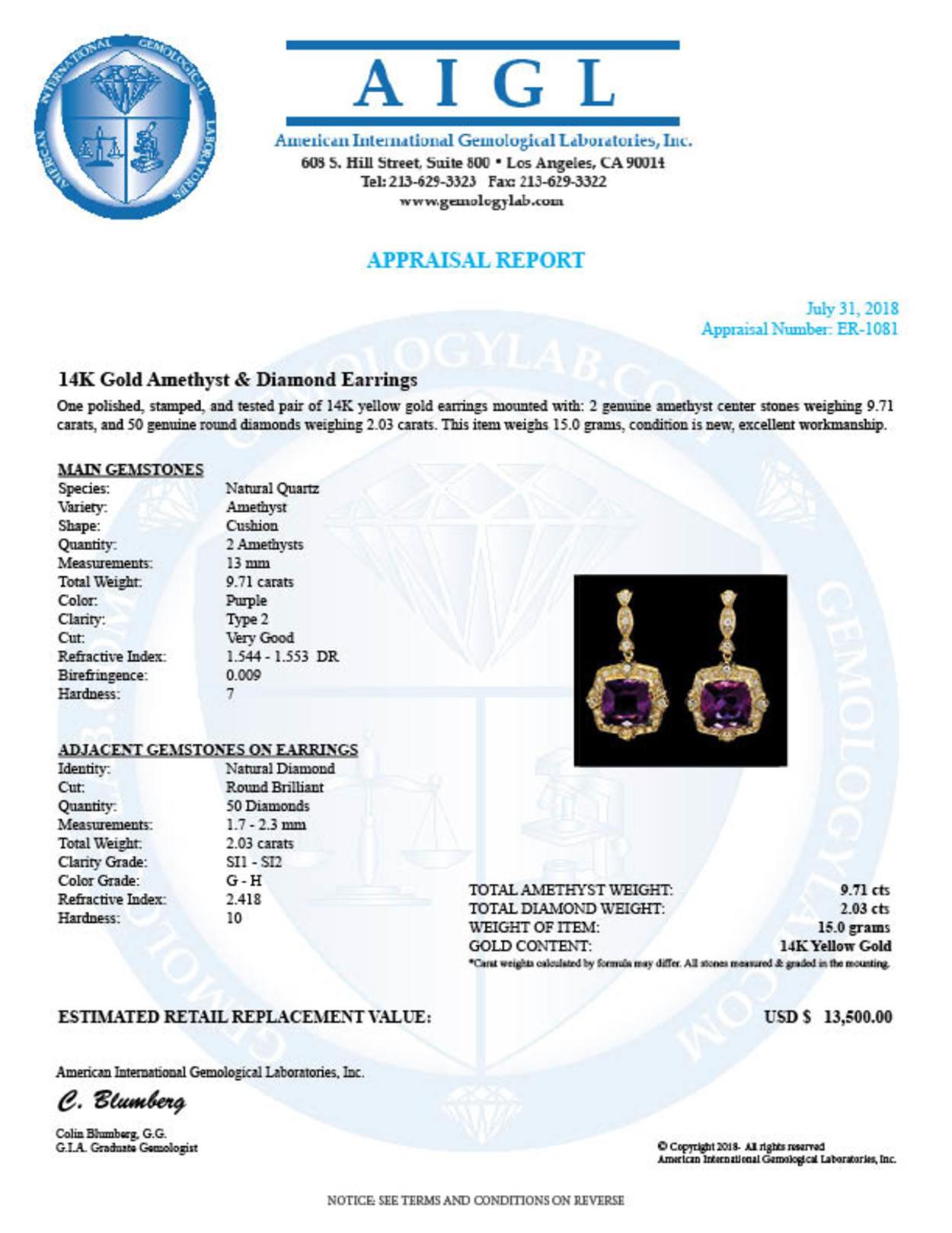 14k Gold 9.71ct Amethyst 2.03ct Diamond Earrings