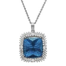 14k White Gold 42.10ct Blue Topaz 3.10ct Diamond Pendant