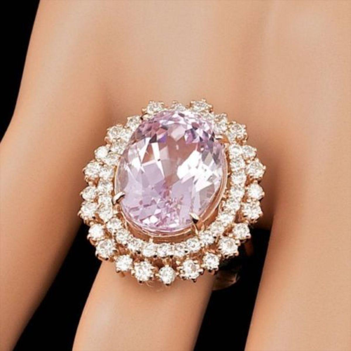 14K Rose Gold 13.72ct Kunzite and 1.86ct Diamond Ring