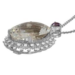 14k White Gold 29.06ct Quartz 0.28ct Pink Sapphire 1.25ct Diamond Pendant