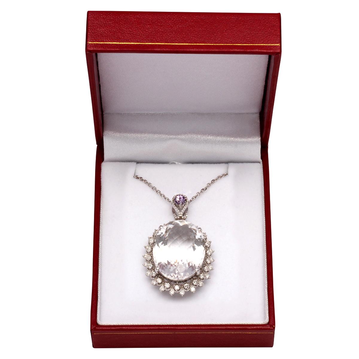 14k White Gold 29.06ct Quartz 0.28ct Pink Sapphire 1.25ct Diamond Pendant