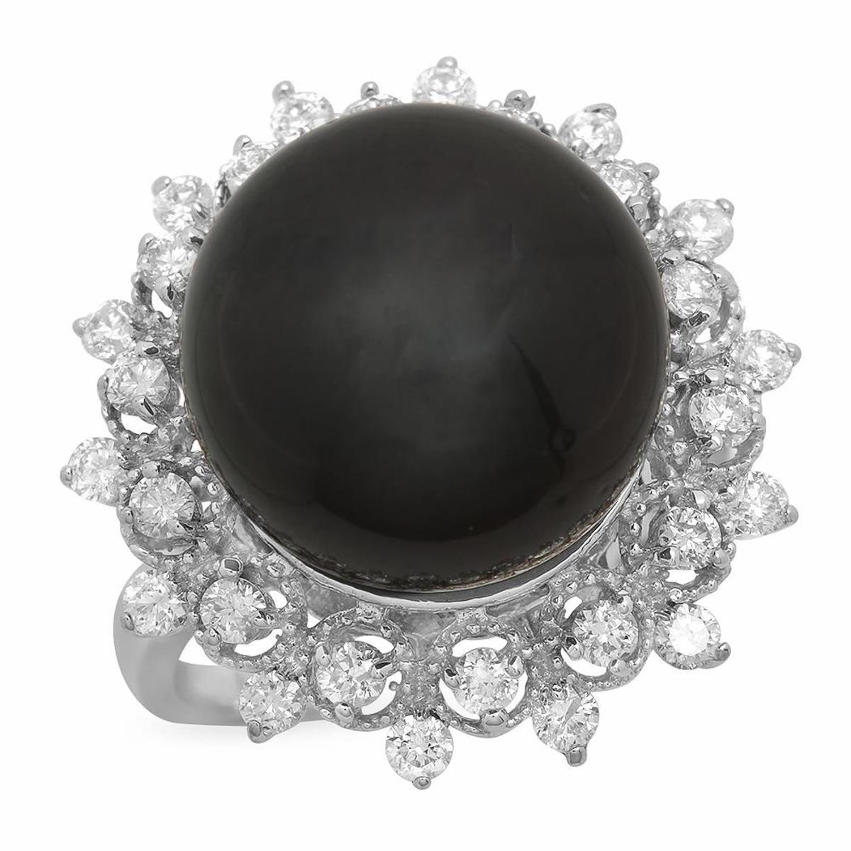 14K White Gold 14mm Black Tahitian Pearl and 0.78ct Diamond Ring