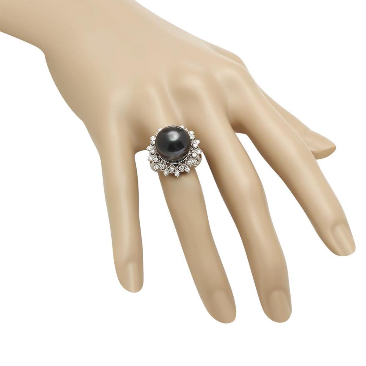 14K White Gold 14mm Black Tahitian Pearl and 0.78ct Diamond Ring