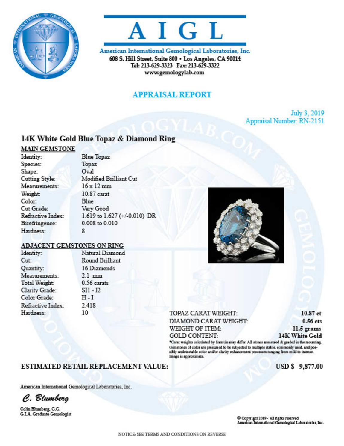 14K White Gold 10.87ct Blue Topaz and 0.56ct Diamond Ring