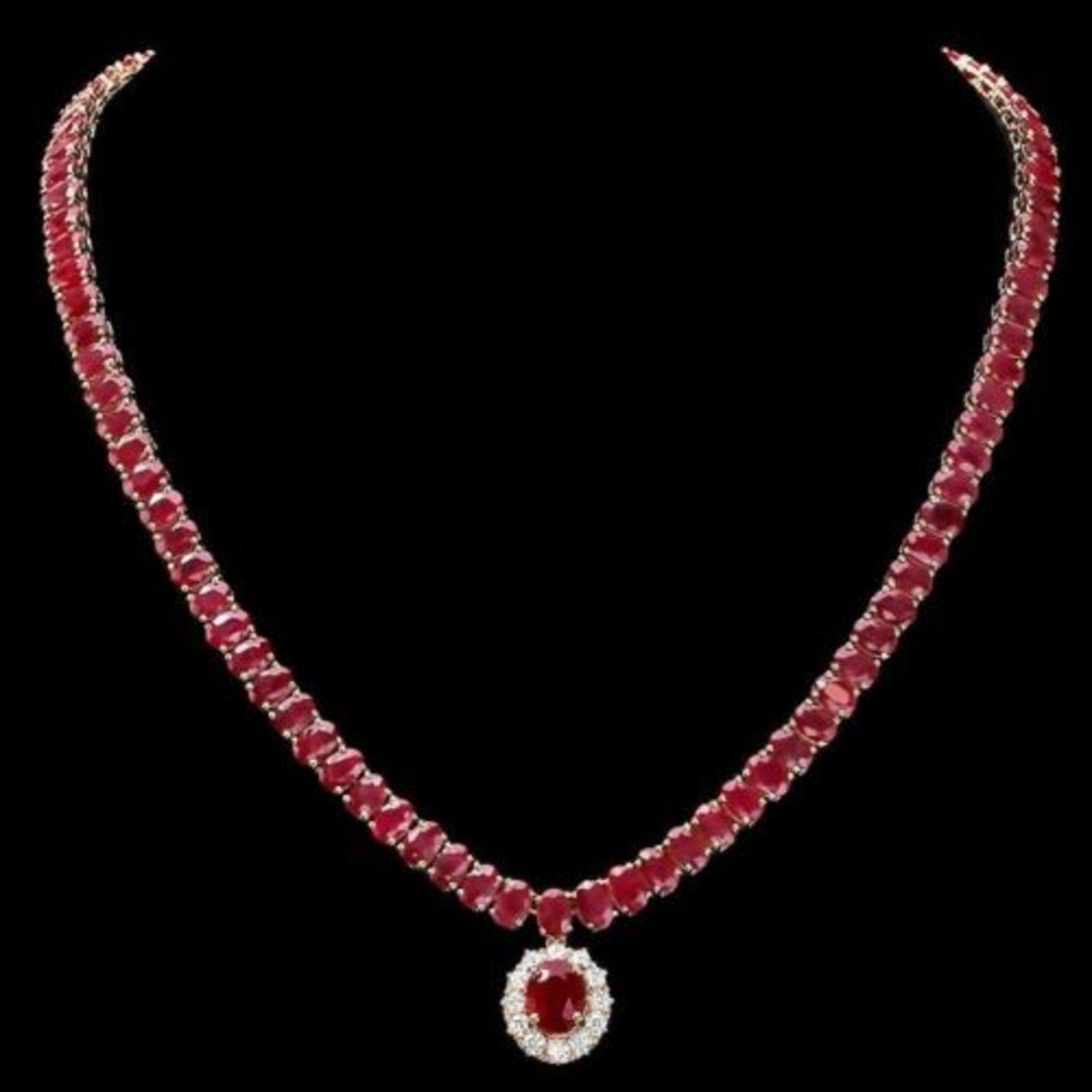 14K Yellow Gold 55.35ct Ruby and 1.20ct Diamond Necklace