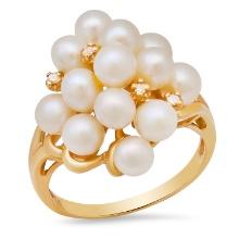 14K Yellow Gold Setting with 13 White Pearls and 0.12ct Diamond Ladies Ring