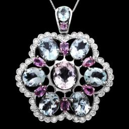 14K Gold 18.79ct Aquamarine 3.98ct Morganite 3.07ct Sapphire and 1.63ct Diamond Pendant