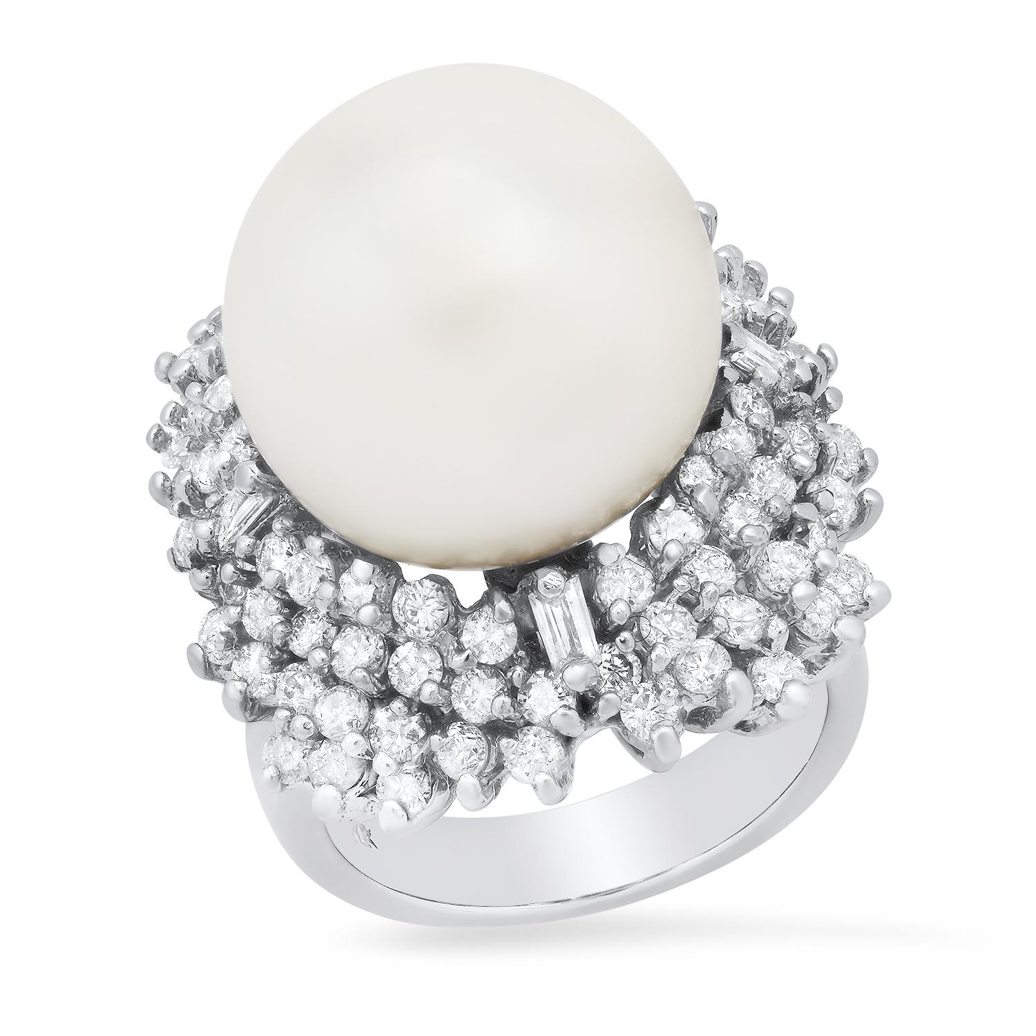 14K White Gold with 15MM South Seas Pearl and 1.76ct Diamond Ring