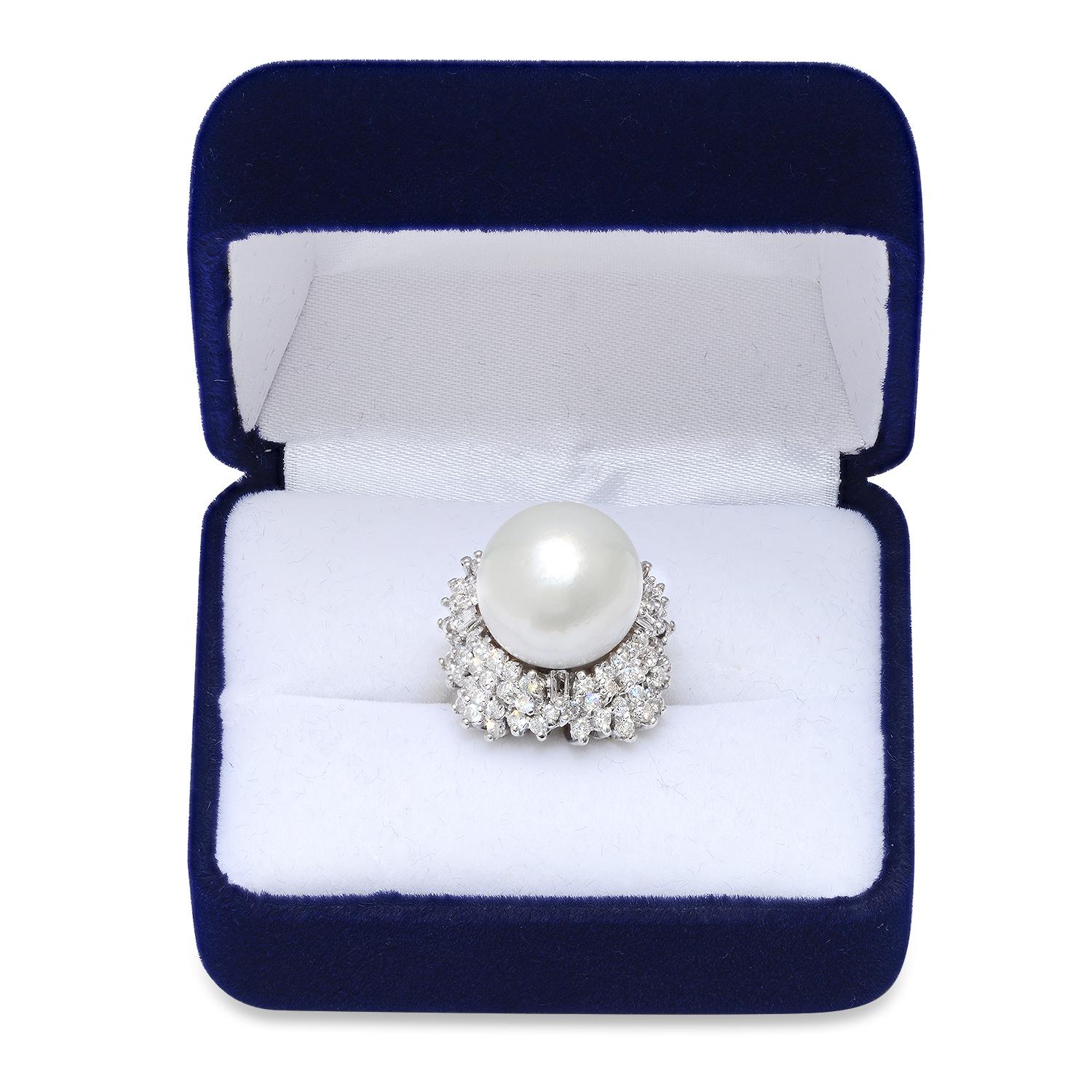 14K White Gold with 15MM South Seas Pearl and 1.76ct Diamond Ring