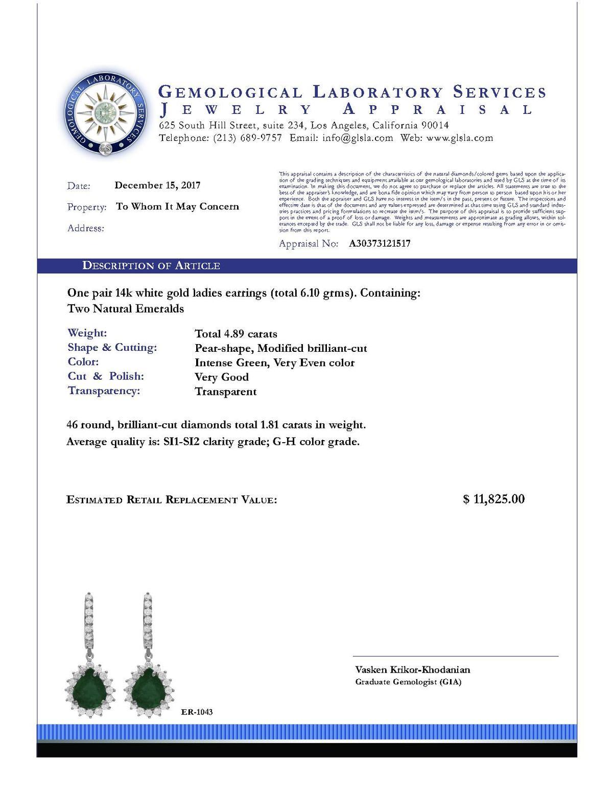 14k White Gold 4.89ct Emerald 1.81ct Diamond Earrings