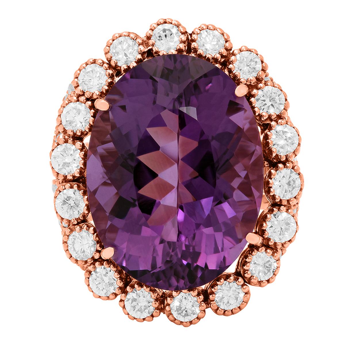 14k Rose Gold 17.38ct Amethyst 1.78ct Diamond Ring