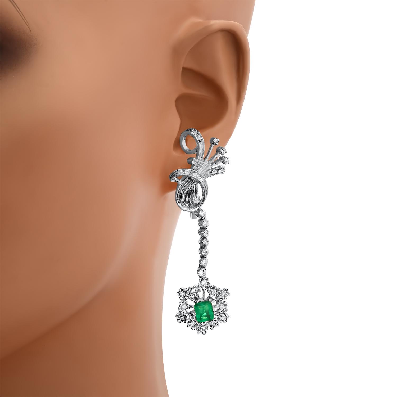 14K White Gold Setting with 1.0ct Emerald and 1.15ct Diamond Earrings