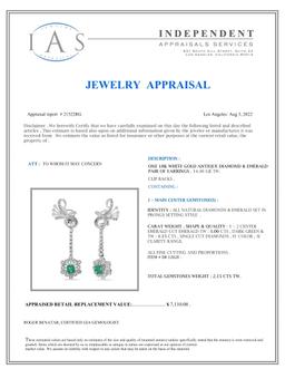 14K White Gold Setting with 1.0ct Emerald and 1.15ct Diamond Earrings