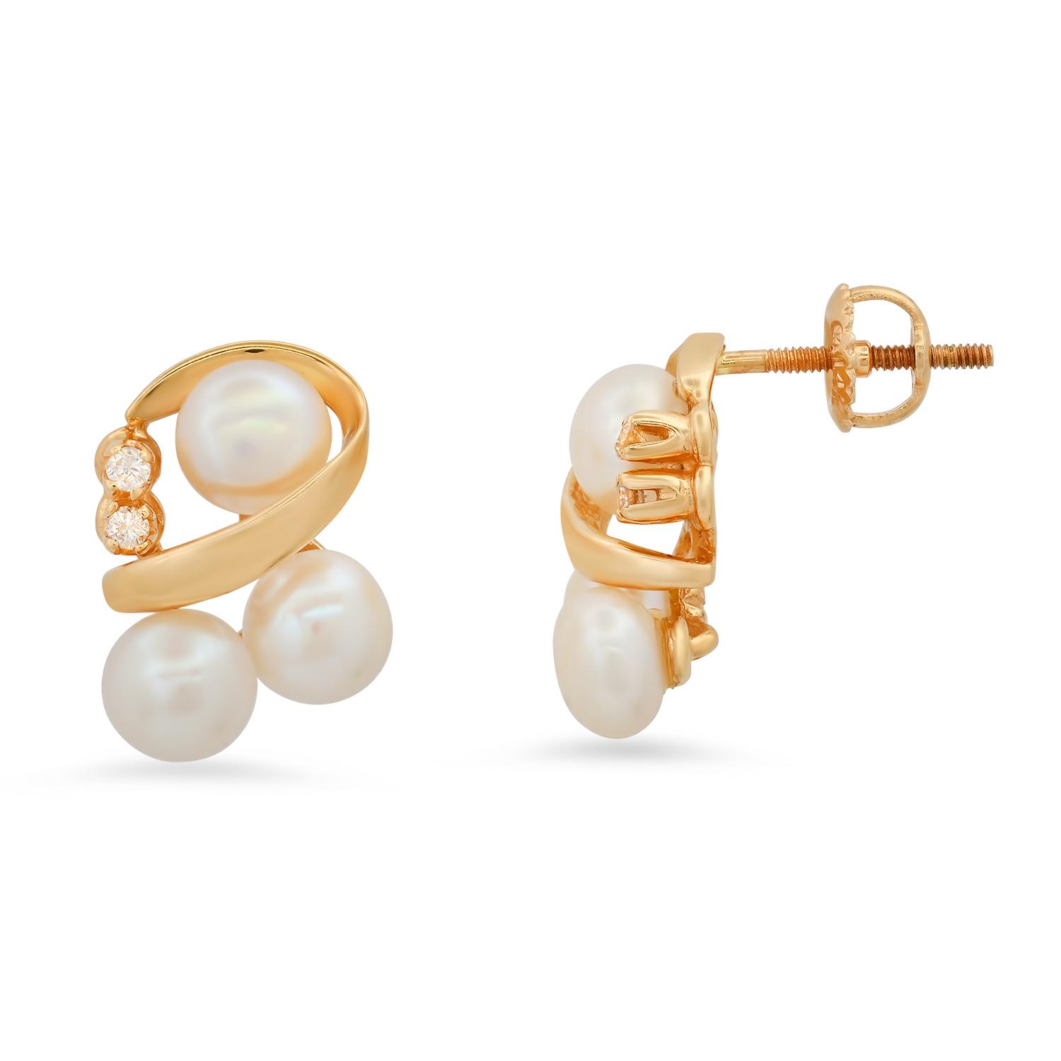 14K Yellow Gold Setting with six 5.5mm Cultured Pearls and .08ct Diamond Earrings