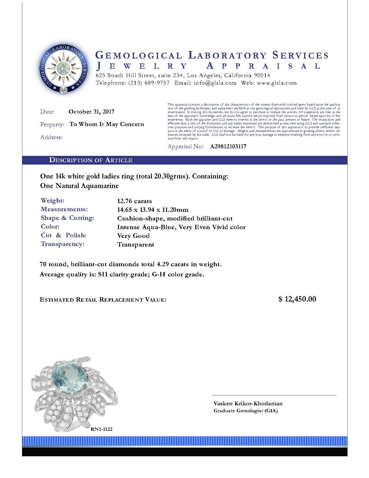 14k White Gold 12.76ct Aquamarine 4.29ct Diamond Ring