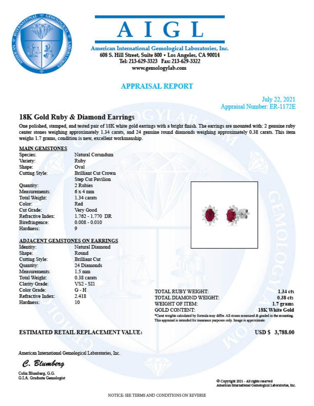 18K White Gold Setting with 1.34ct Ruby and 0.38ct Diamond Earrings