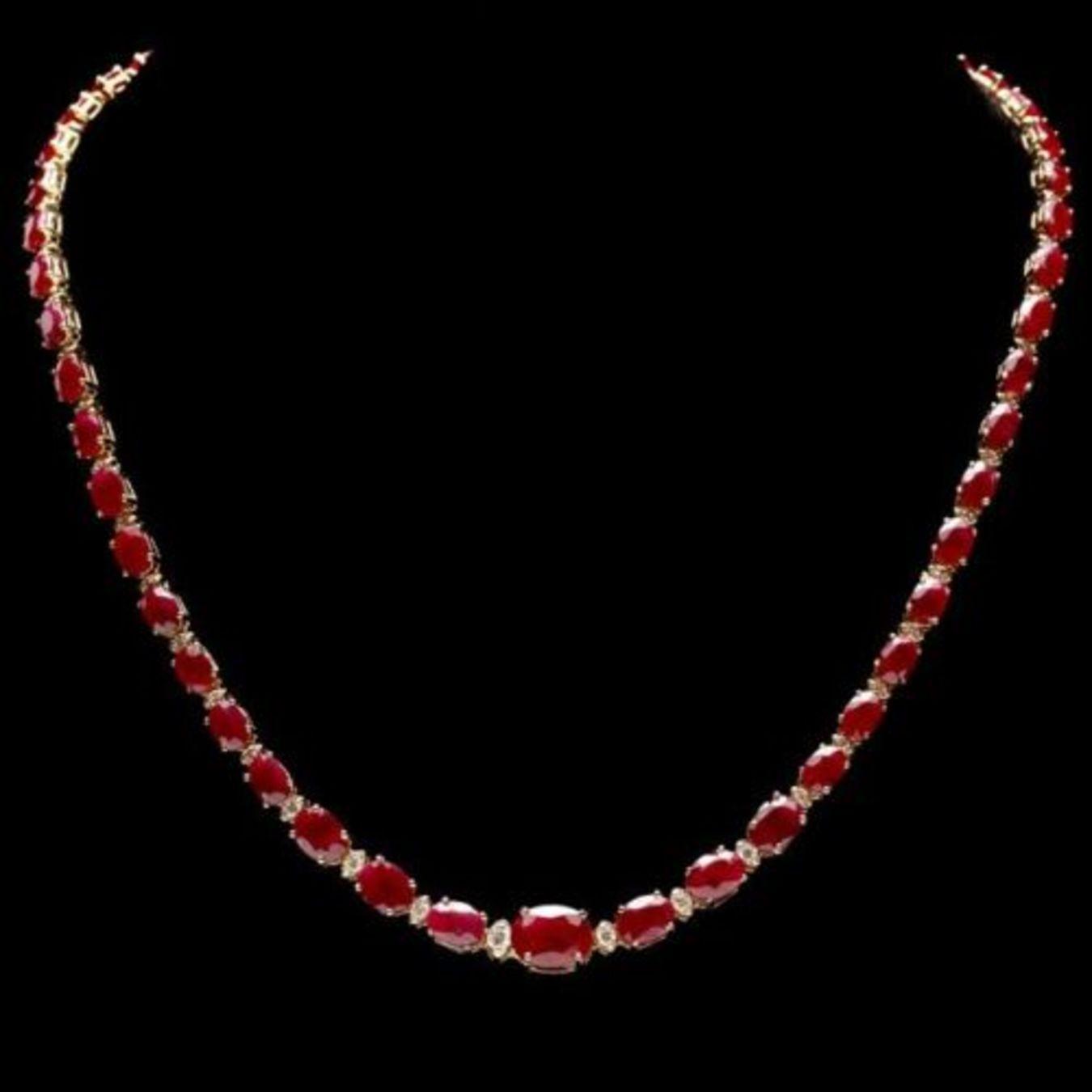 14K Yellow Gold 32.20ct Ruby and 1.35ct Diamond Necklace