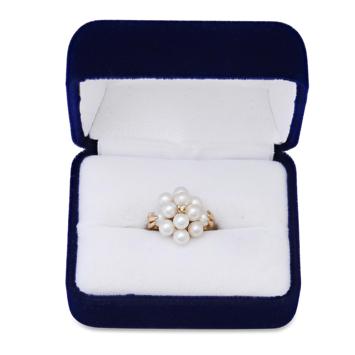 14K Yellow Gold Setting with 12 Round White Pearls and 0.03ct Diamond Ladies Ring