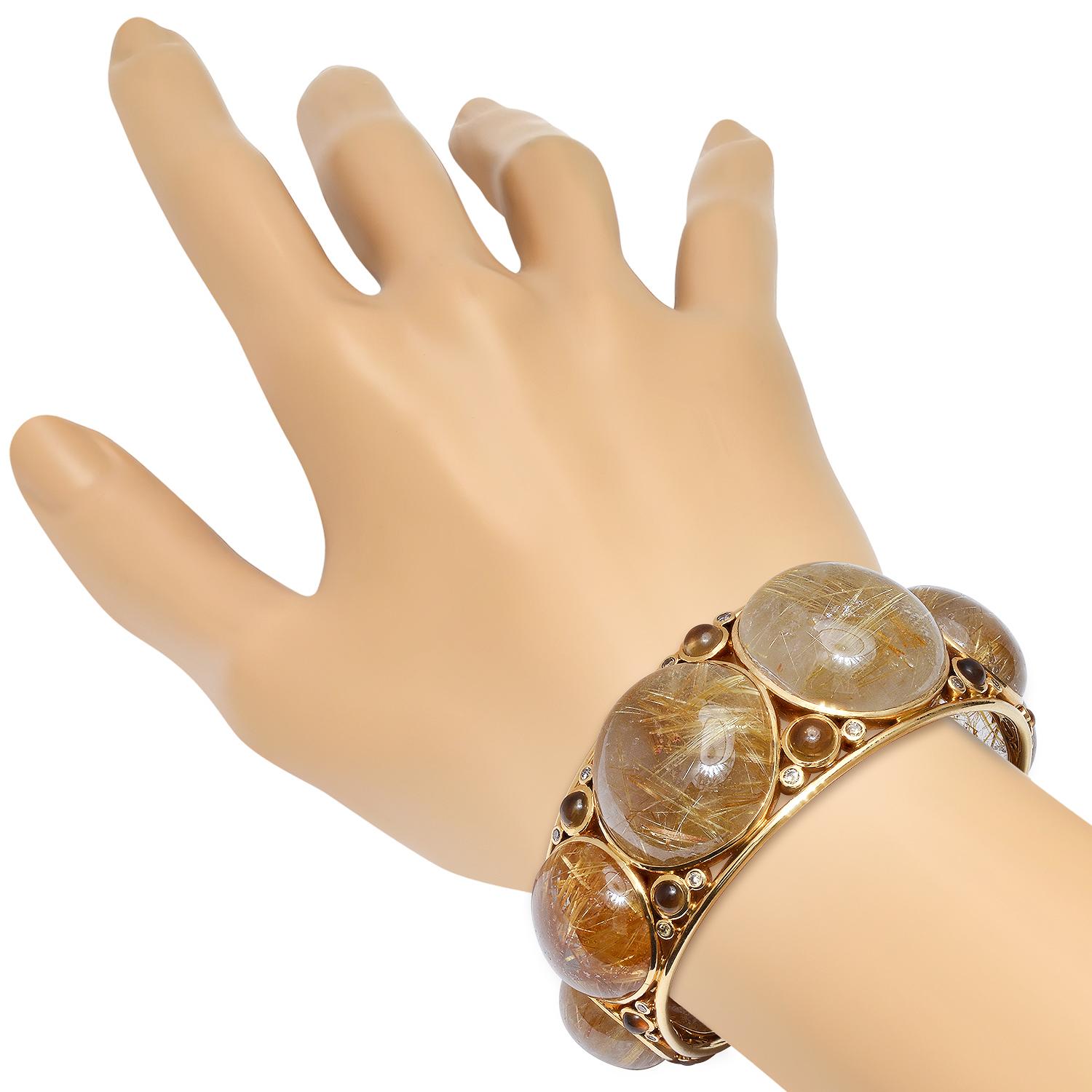 18K Yellow Gold Setting with 190ct Rutilated Quartz, 1.40ct Quartz and 0.44ct Diamond Bangle Bracele