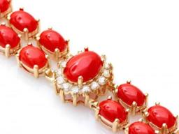 14K Gold 16.81ct Coral 1.14ct Diamond Bracelet