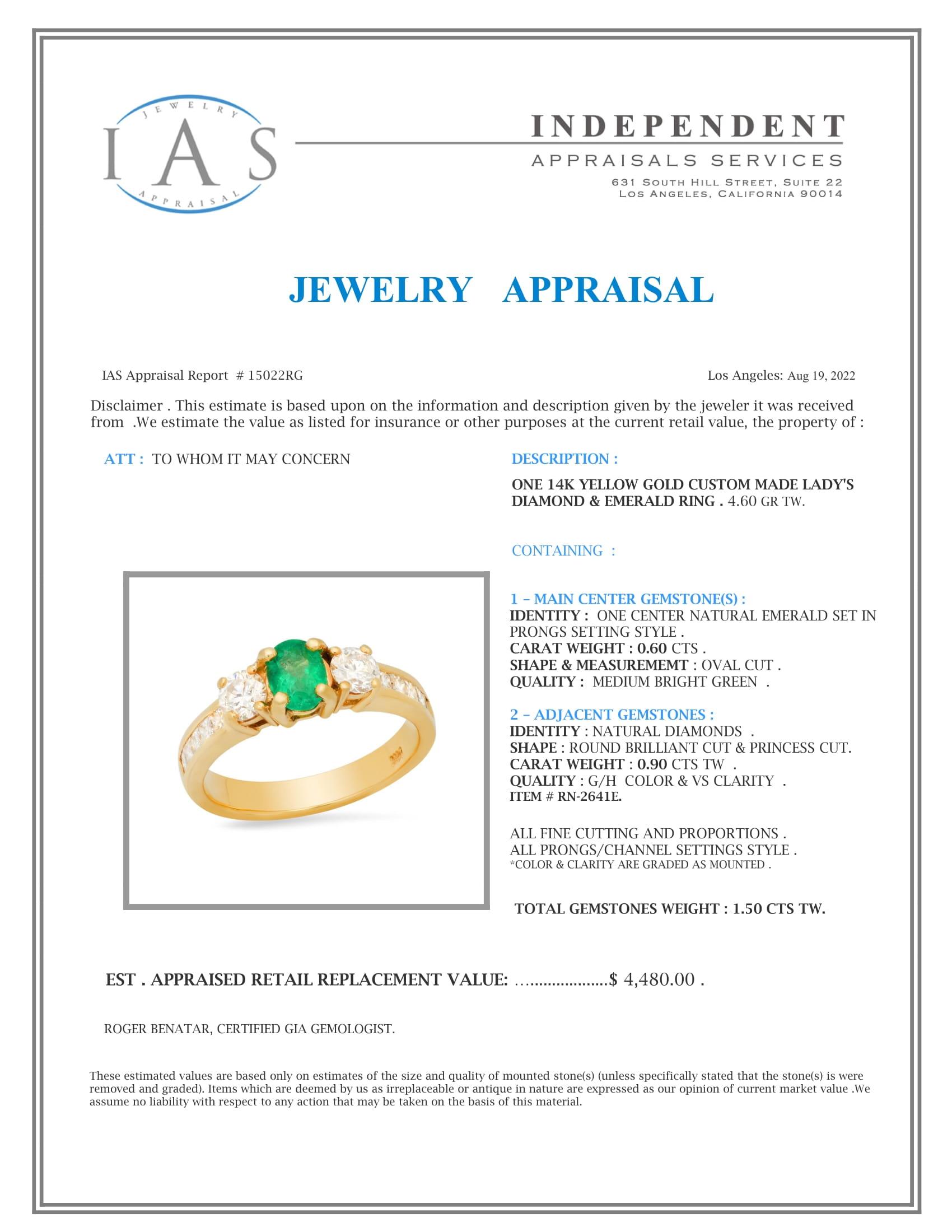 14K Yellow Gold Setting with 0.60ct Emerald and 0.90ct Diamond Ring