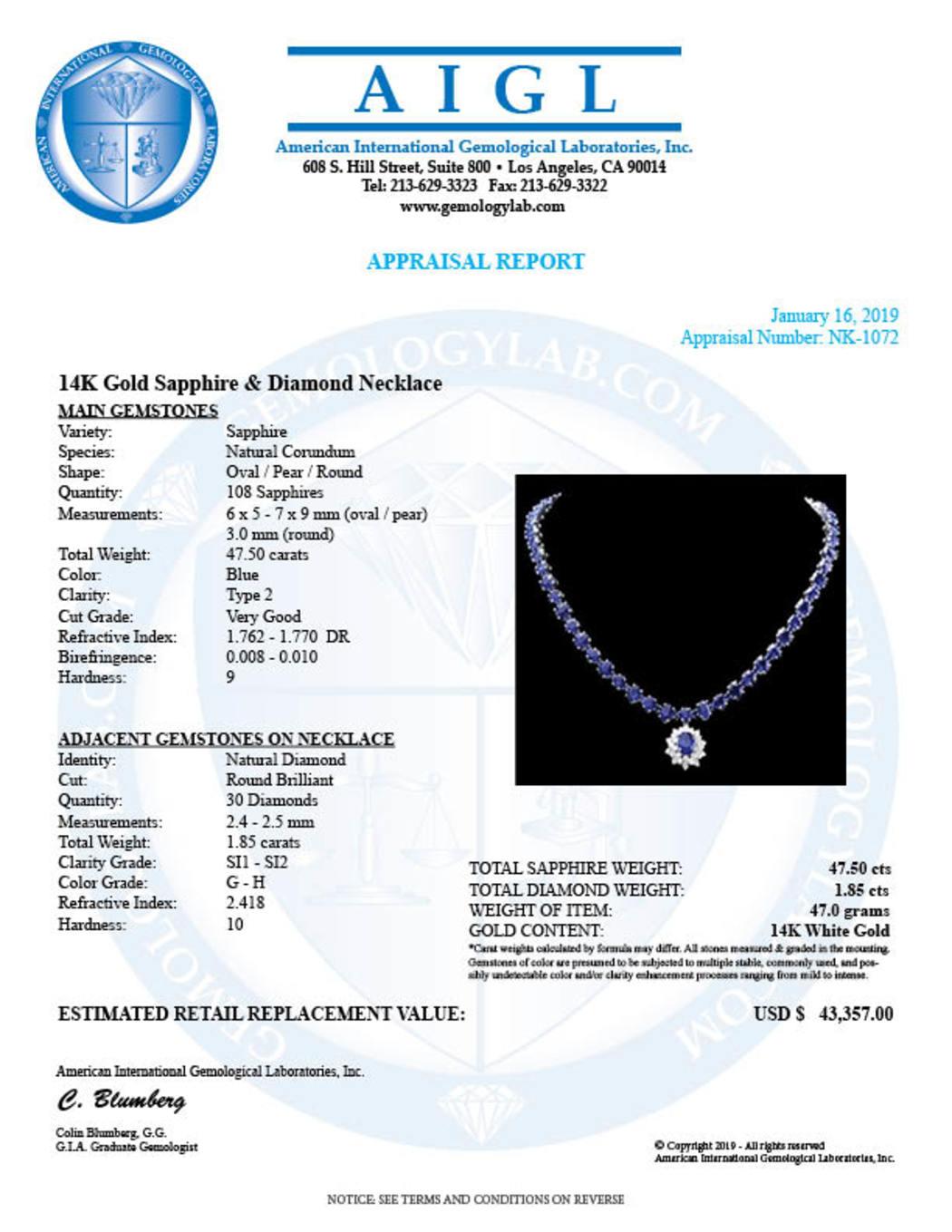 14K White Gold 47.50ct Sapphire and 1.85ct Diamond Necklace