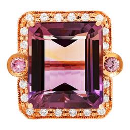 14k Rose Gold 25.80ct Amethyst 0.30ct Pink Sapphire 0.98ct Diamond Ring