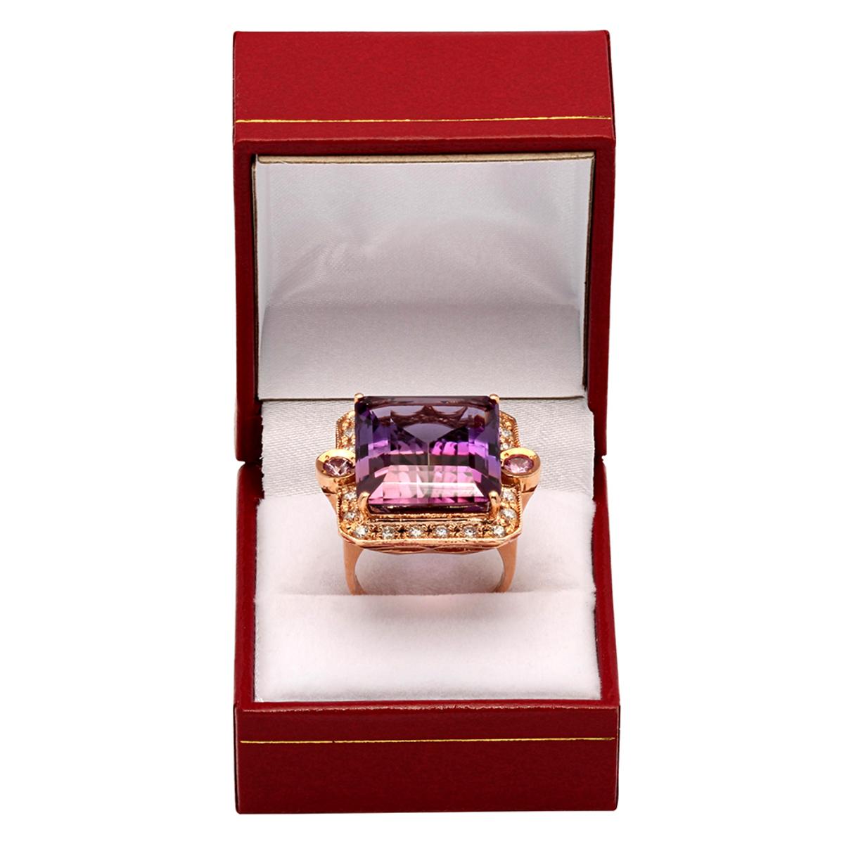 14k Rose Gold 25.80ct Amethyst 0.30ct Pink Sapphire 0.98ct Diamond Ring