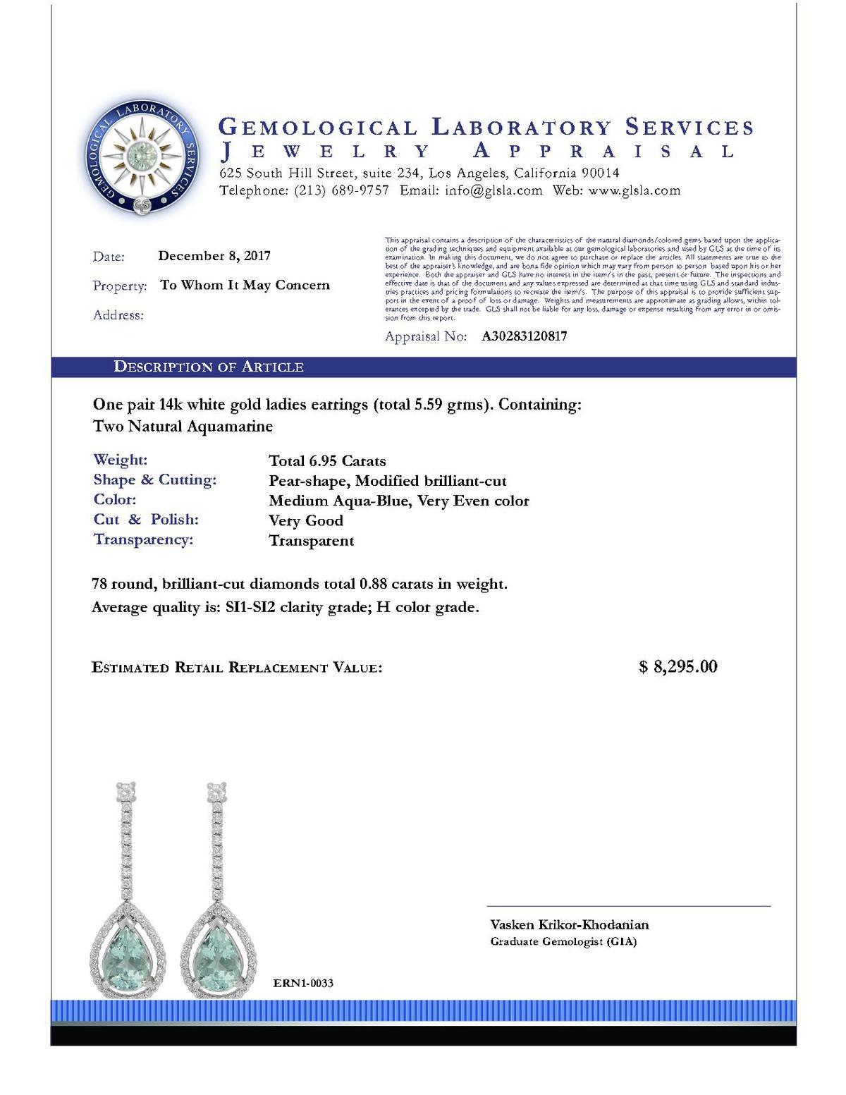 14k White Gold 6.95ct Aquamarine 0.88ct Diamond Earrings